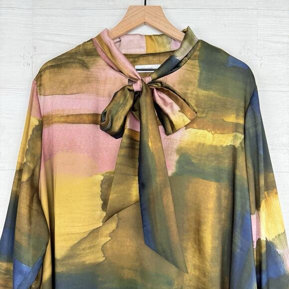 Couchel Shift Satin Midi Dress Plus Size 2XL Printed Tie Neck Long Sleeve Whimsy - Picture 3 of 16